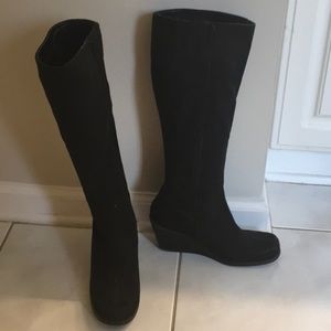 Tall Black Faux Suede Wedge Boots Size 6